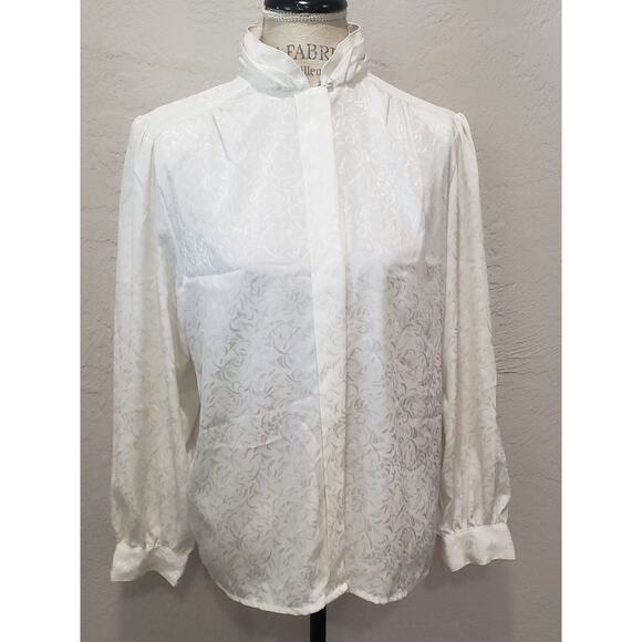 Vintage Tan F Jay High Neck Classic Secretary Long Sleeve Hide Button Up Blouse - Picture 1 of 10